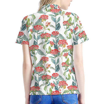 Watercolor Bouvardia Print Women's Polo Shirt