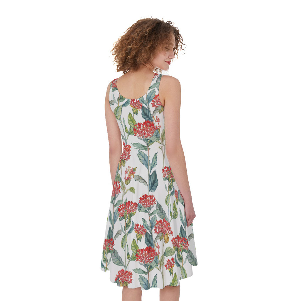 Watercolor Bouvardia Print Women's Sleeveless Dress