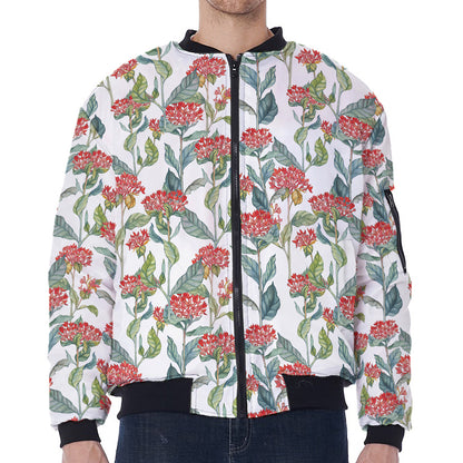 Watercolor Bouvardia Print Zip Sleeve Bomber Jacket