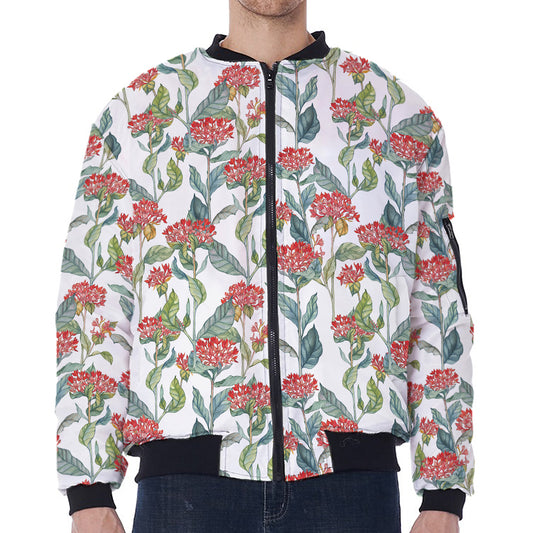 Watercolor Bouvardia Print Zip Sleeve Bomber Jacket