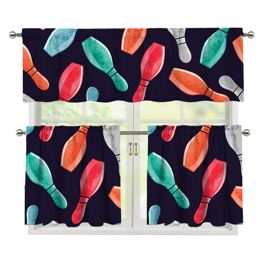 Watercolor Bowling Pins Pattern Print 3 Piece Kitchen Curtains