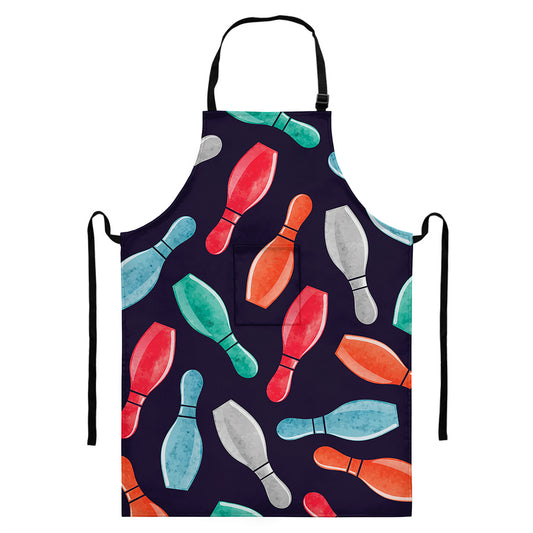 Watercolor Bowling Pins Pattern Print Bib Apron With Pocket