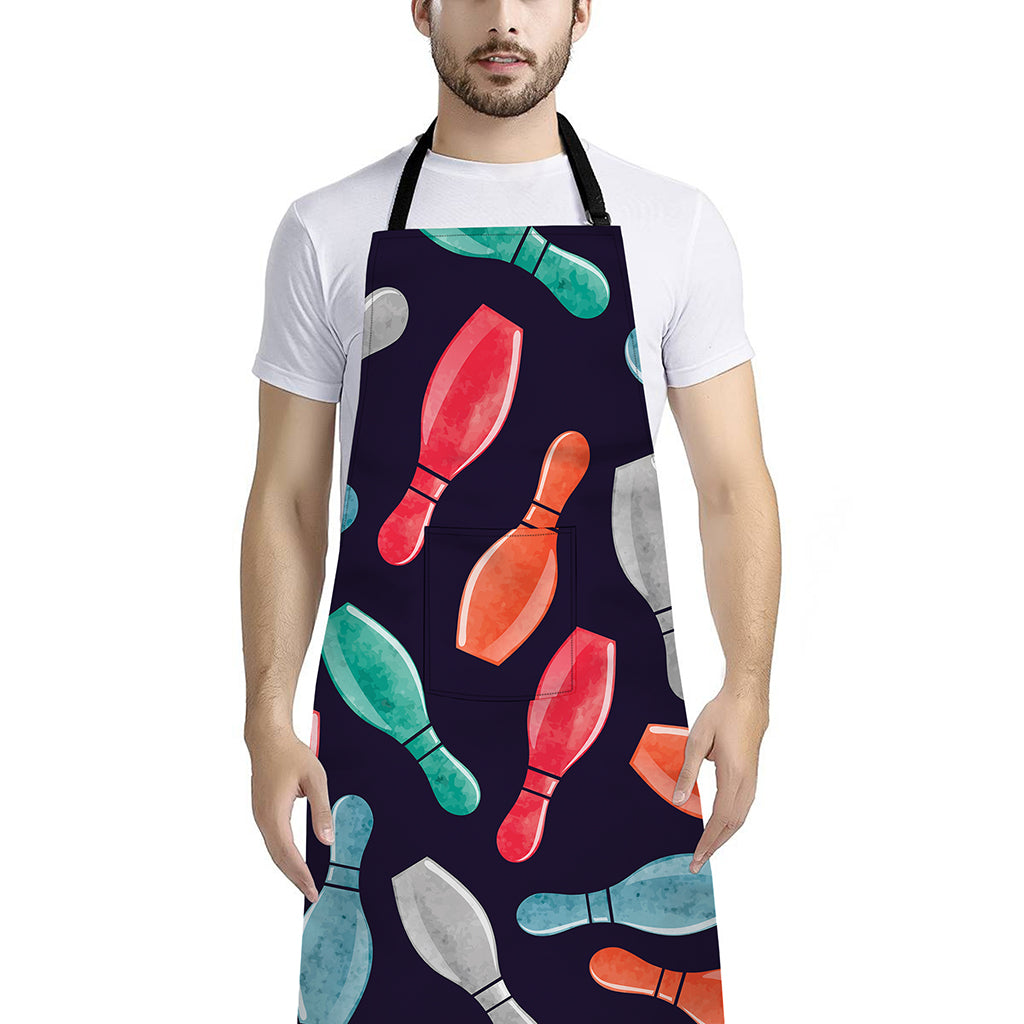 Watercolor Bowling Pins Pattern Print Bib Apron With Pocket