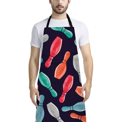 Watercolor Bowling Pins Pattern Print Bib Apron With Pocket