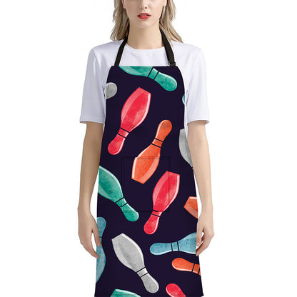 Watercolor Bowling Pins Pattern Print Bib Apron With Pocket