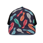 Watercolor Bowling Pins Pattern Print Black Mesh Trucker Cap