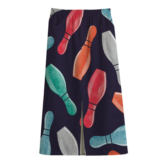 Watercolor Bowling Pins Pattern Print Cotton Front Slit Maxi Skirt