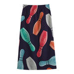 Watercolor Bowling Pins Pattern Print Cotton Front Slit Maxi Skirt