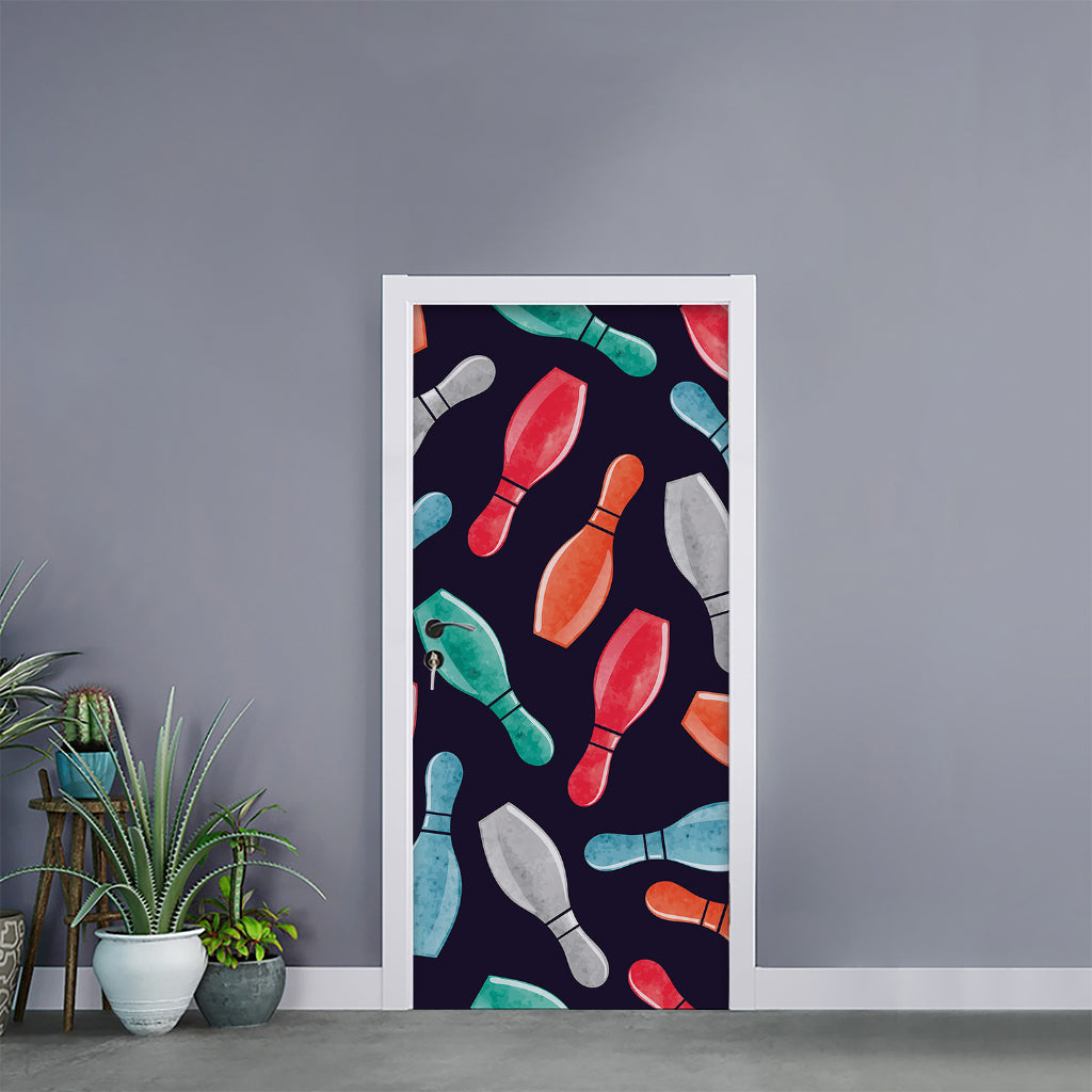 Watercolor Bowling Pins Pattern Print Door Sticker