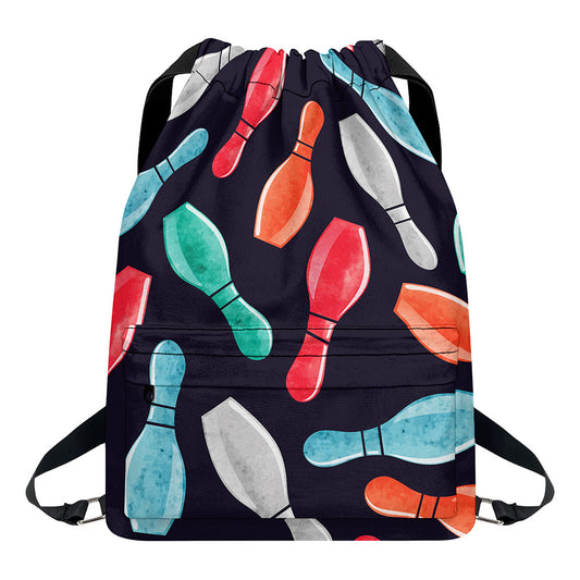 Watercolor Bowling Pins Pattern Print Drawstring Backpack