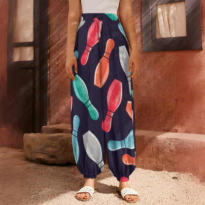Watercolor Bowling Pins Pattern Print Harem Pants