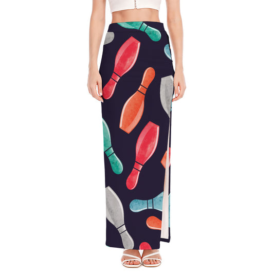 Watercolor Bowling Pins Pattern Print High Slit Maxi Skirt