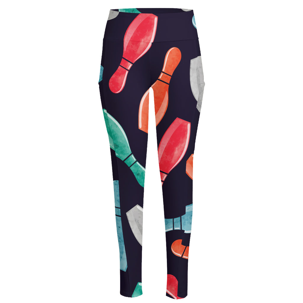 Watercolor Bowling Pins Pattern Print High-Waisted Pocket Leggings