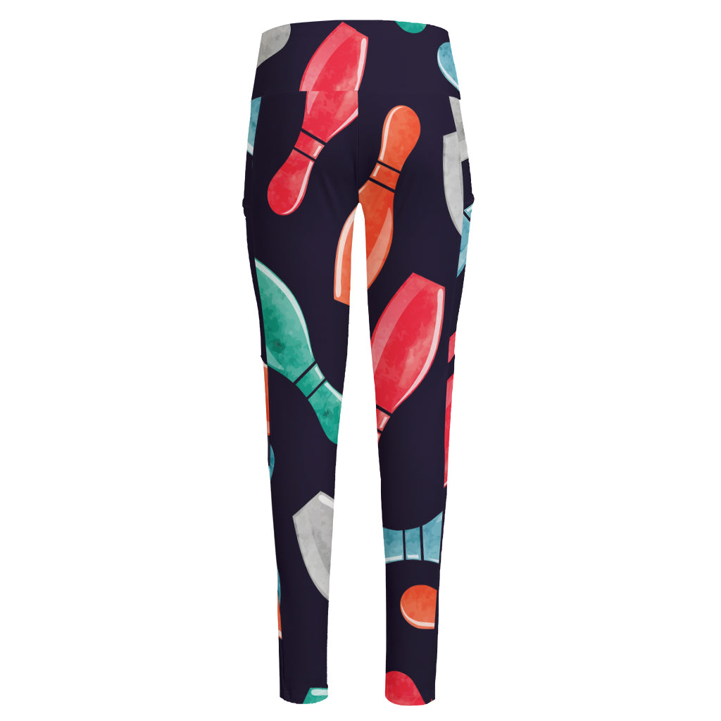 Watercolor Bowling Pins Pattern Print High-Waisted Pocket Leggings