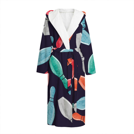 Watercolor Bowling Pins Pattern Print Hooded Bathrobe