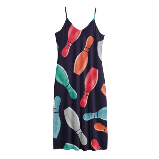 Watercolor Bowling Pins Pattern Print Jersey Midi Cami Dress