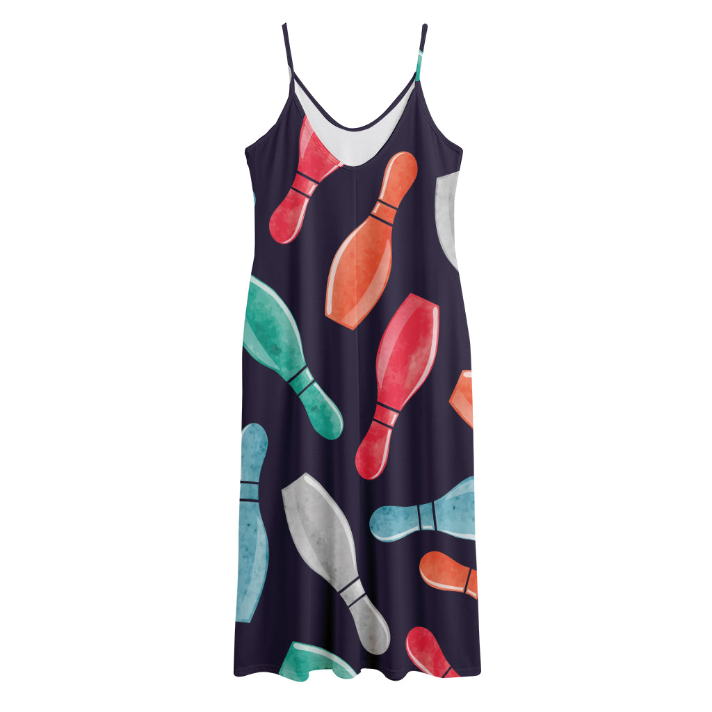 Watercolor Bowling Pins Pattern Print Jersey Midi Cami Dress