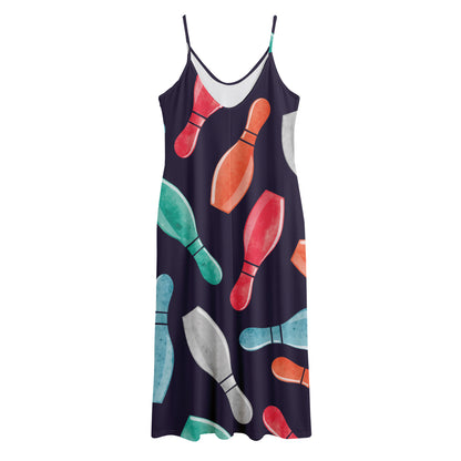 Watercolor Bowling Pins Pattern Print Jersey Midi Cami Dress