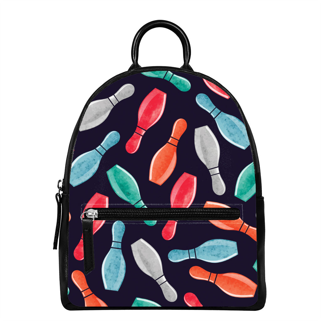 Watercolor Bowling Pins Pattern Print Leather Backpack