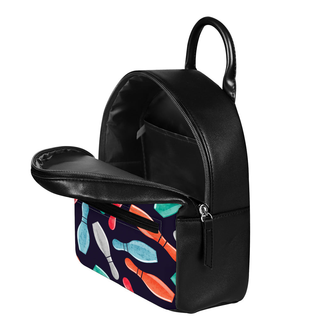 Watercolor Bowling Pins Pattern Print Leather Backpack
