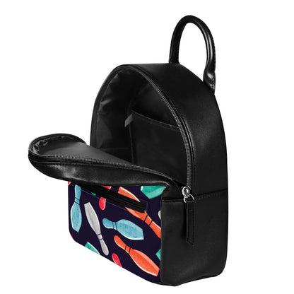 Watercolor Bowling Pins Pattern Print Leather Backpack