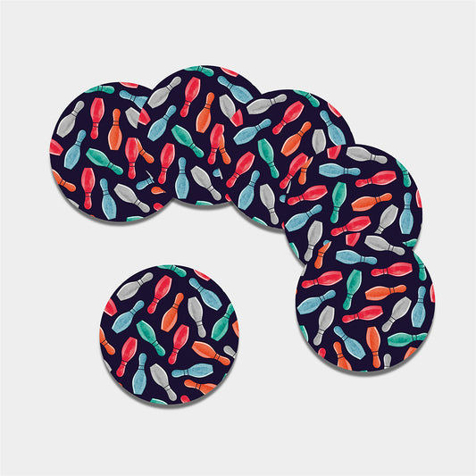 Watercolor Bowling Pins Pattern Print Leather Coaster Set