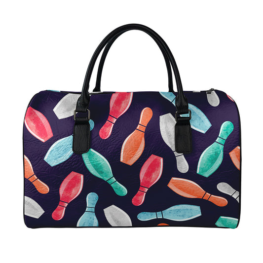 Watercolor Bowling Pins Pattern Print Leather Duffle Bag