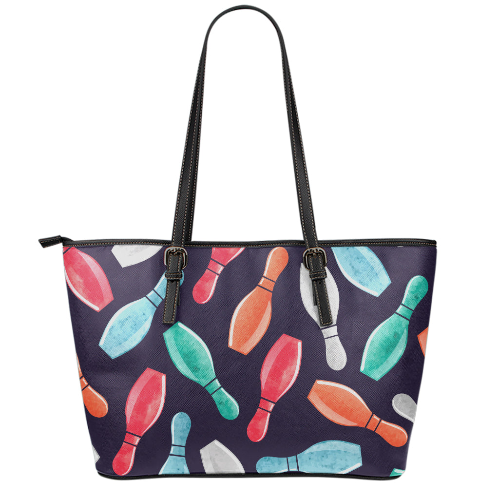 Watercolor Bowling Pins Pattern Print Leather Tote Bag