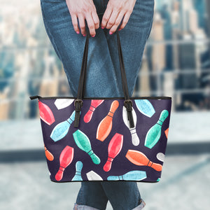 Watercolor Bowling Pins Pattern Print Leather Tote Bag