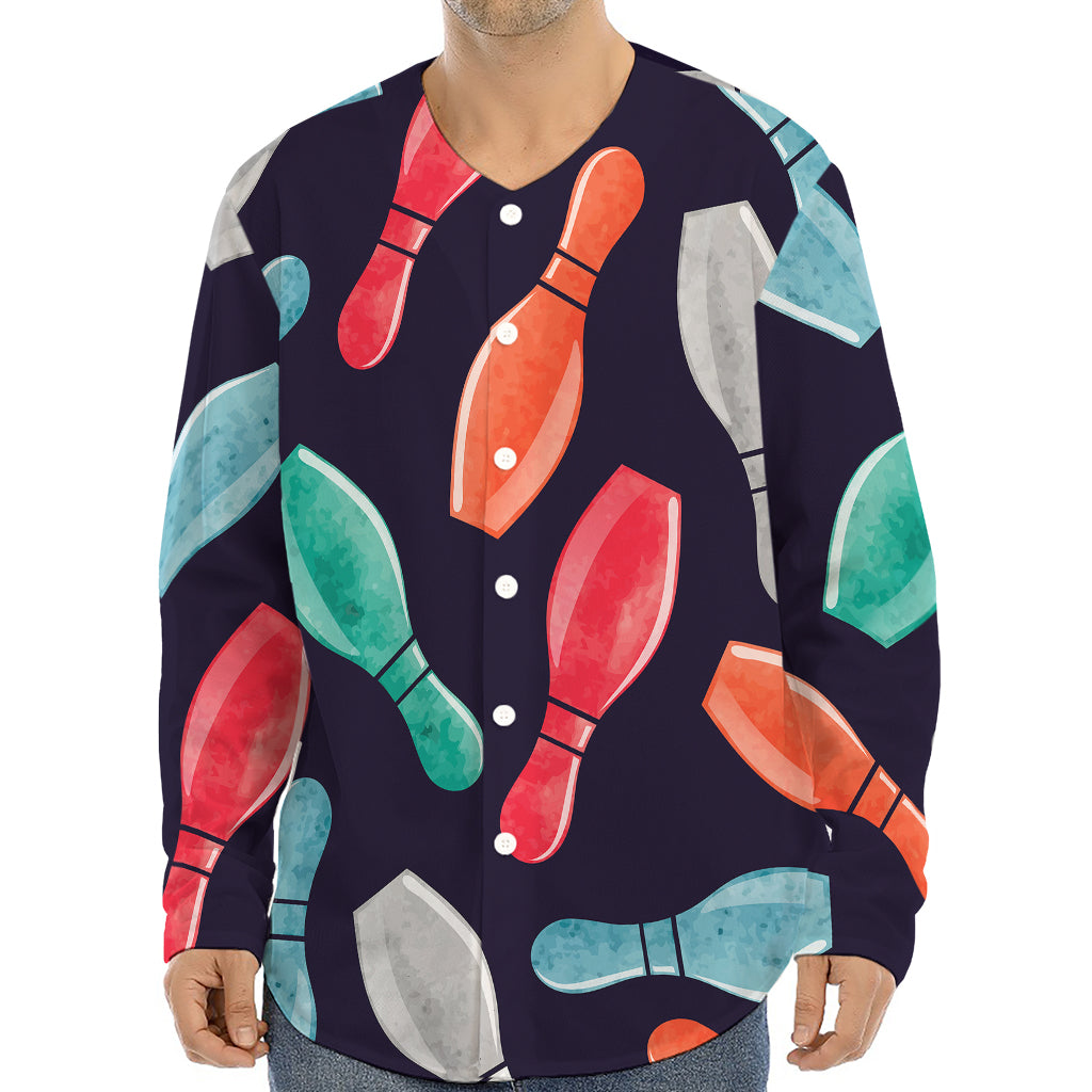 Watercolor Bowling Pins Pattern Print Long Sleeve Baseball Jersey