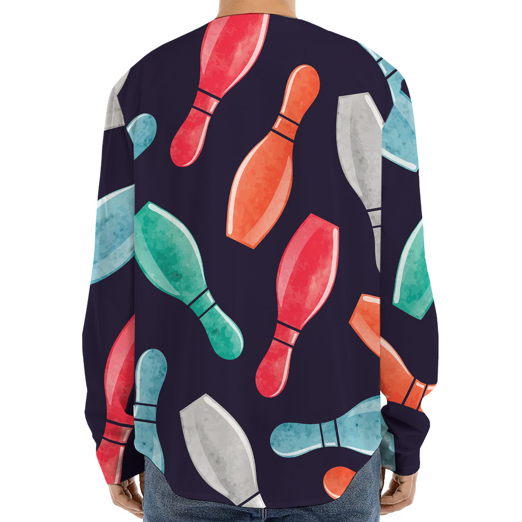 Watercolor Bowling Pins Pattern Print Long Sleeve Baseball Jersey