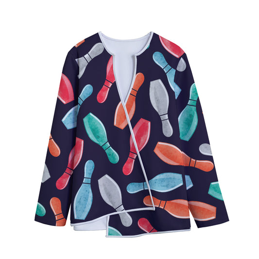 Watercolor Bowling Pins Pattern Print Long Sleeve Short Coat