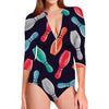 Watercolor Bowling Pins Pattern Print Long Sleeve Swimsuit