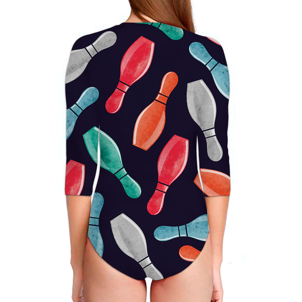 Watercolor Bowling Pins Pattern Print Long Sleeve Swimsuit