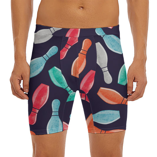 Watercolor Bowling Pins Pattern Print Men's Long Boxer Briefs
