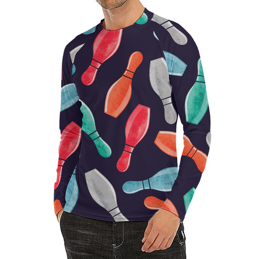 Watercolor Bowling Pins Pattern Print Men's Long Sleeve Rash Guard