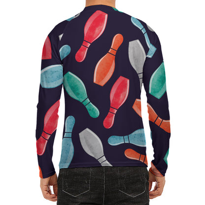 Watercolor Bowling Pins Pattern Print Men's Long Sleeve Rash Guard