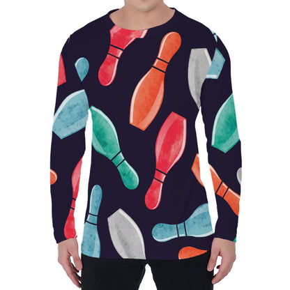 Watercolor Bowling Pins Pattern Print Men's Long Sleeve T-Shirt