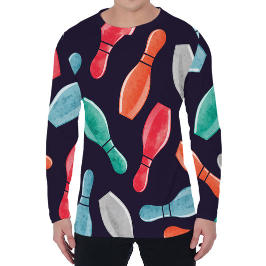 Watercolor Bowling Pins Pattern Print Men's Long Sleeve T-Shirt