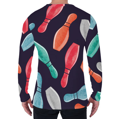Watercolor Bowling Pins Pattern Print Men's Long Sleeve T-Shirt