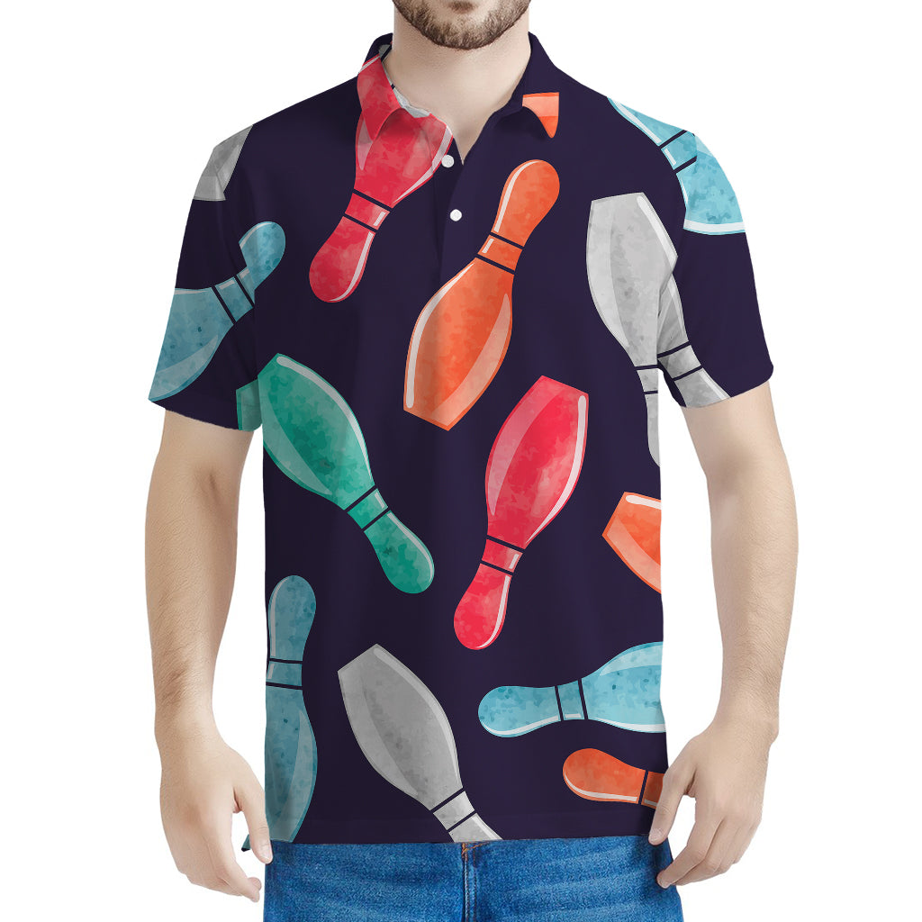 Watercolor Bowling Pins Pattern Print Men's Polo Shirt