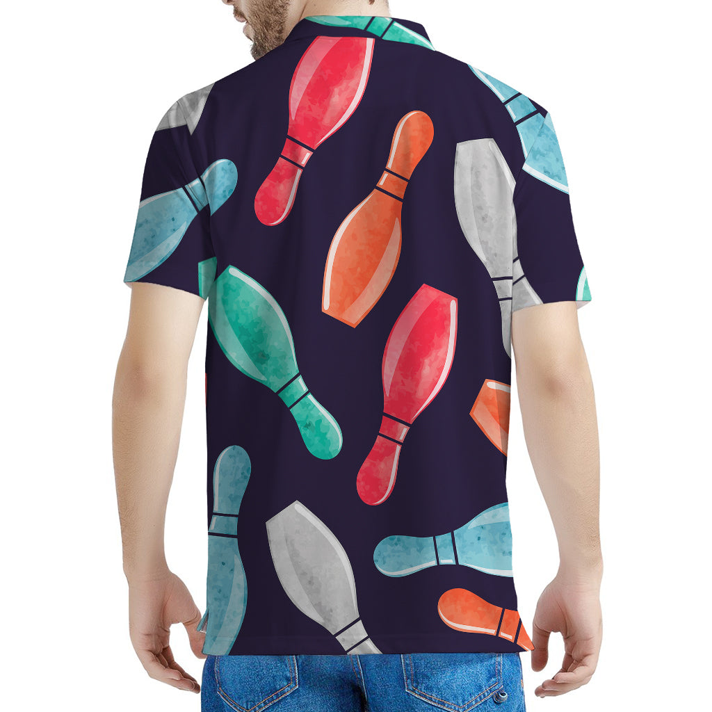 Watercolor Bowling Pins Pattern Print Men's Polo Shirt