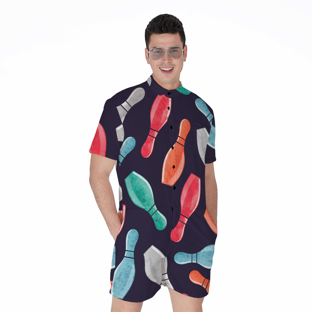 Watercolor Bowling Pins Pattern Print Men's Rompers
