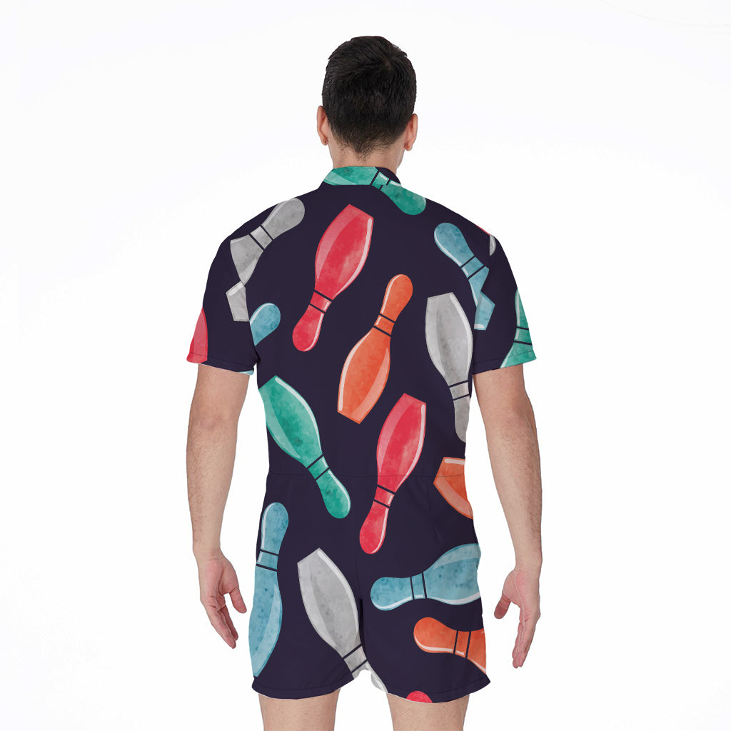 Watercolor Bowling Pins Pattern Print Men's Rompers