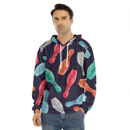 Watercolor Bowling Pins Pattern Print Men's Velvet Pullover Hoodie
