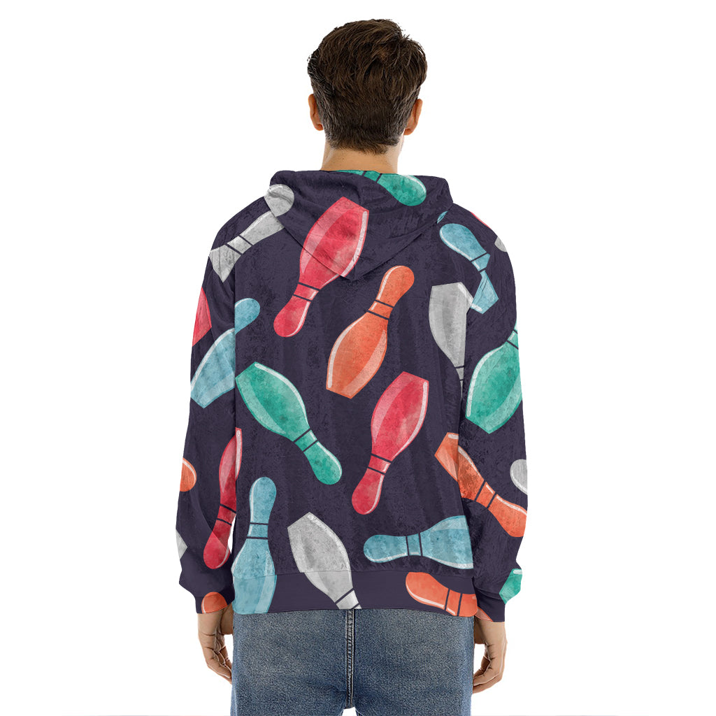 Watercolor Bowling Pins Pattern Print Men's Velvet Pullover Hoodie