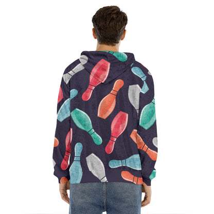 Watercolor Bowling Pins Pattern Print Men's Velvet Pullover Hoodie