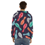 Watercolor Bowling Pins Pattern Print Men's Velvet Pullover Hoodie