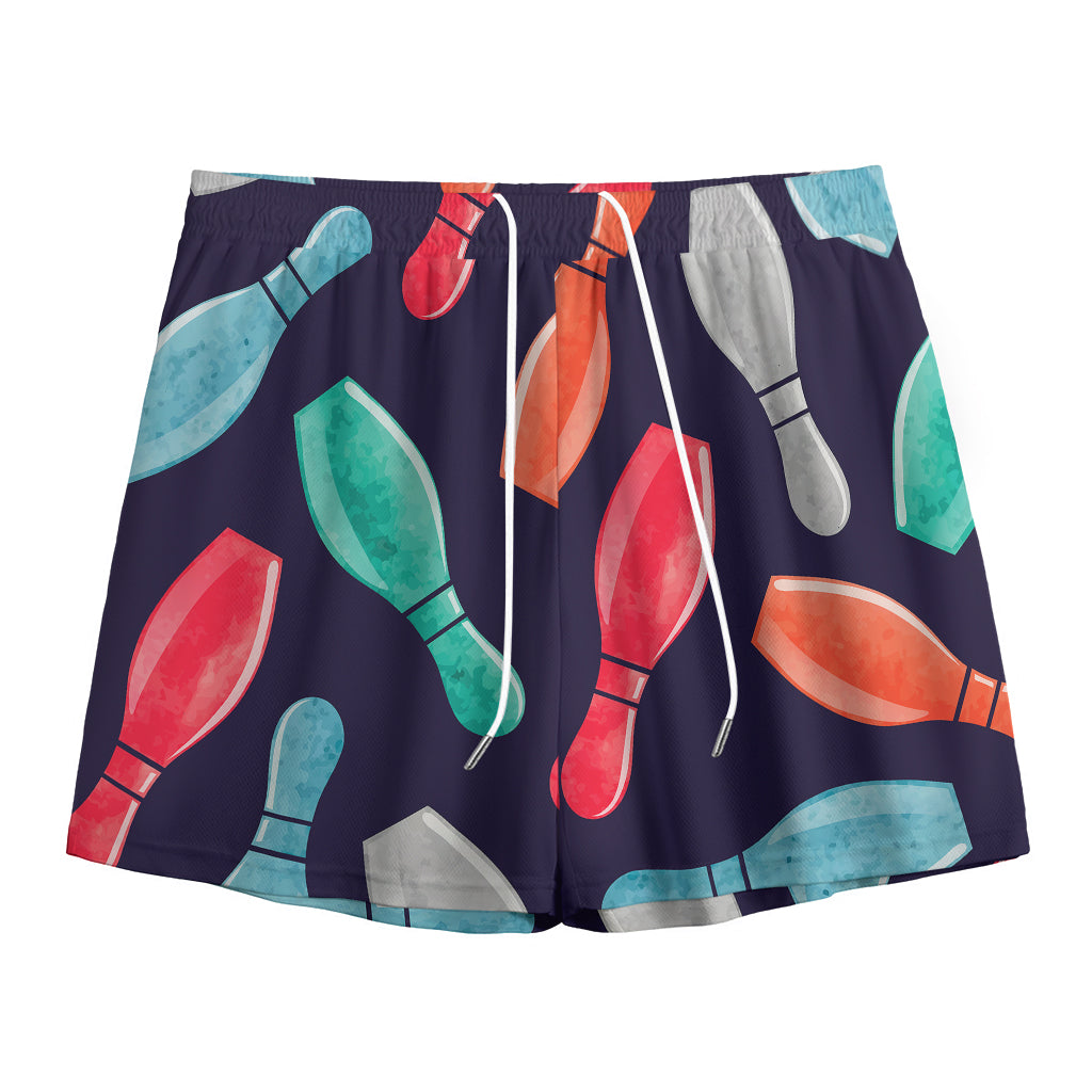Watercolor Bowling Pins Pattern Print Mesh Shorts