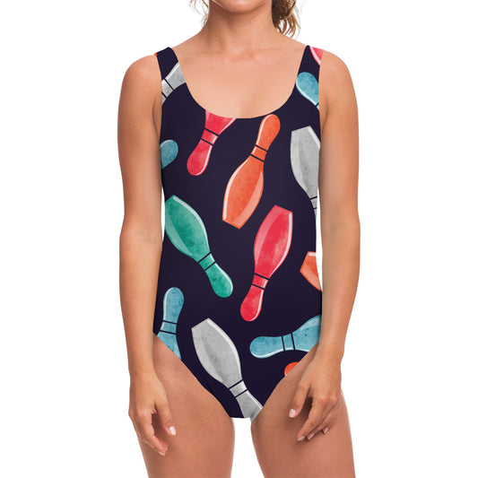 Watercolor Bowling Pins Pattern Print One Piece Swimsuit